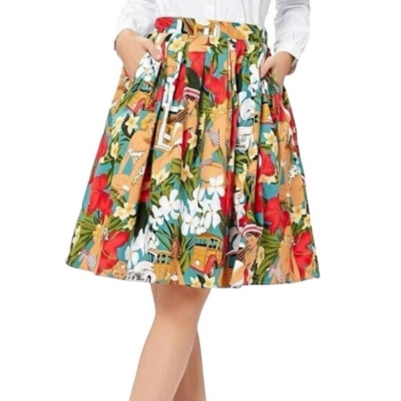 Grace Karin Wm’s Sz 3XL Coral Tan Aqua Retro Pinup Hawaiian Print A-Line Skirt - Picture 2 of 6